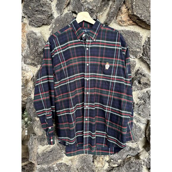 Ralph Lauren Navy Blake Plaid Button Down RL Bear Mens Large - Picture 1 of 11